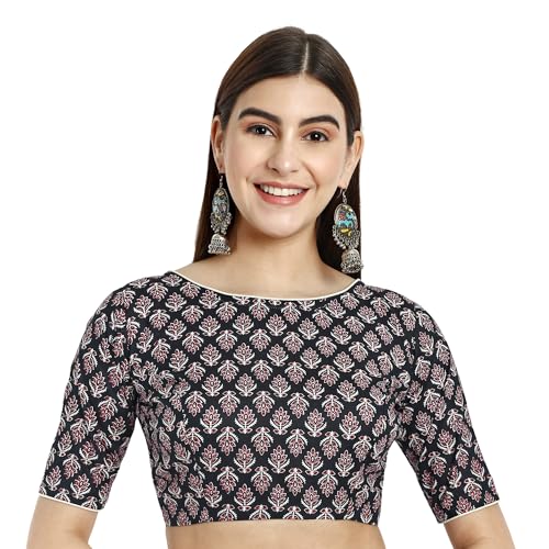 JISB Women' Boat Neck Cotton Printed Saree Blouse (44, Black) - Image 1