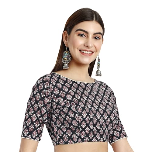 JISB Women' Boat Neck Cotton Printed Saree Blouse (44, Black) - Image 2