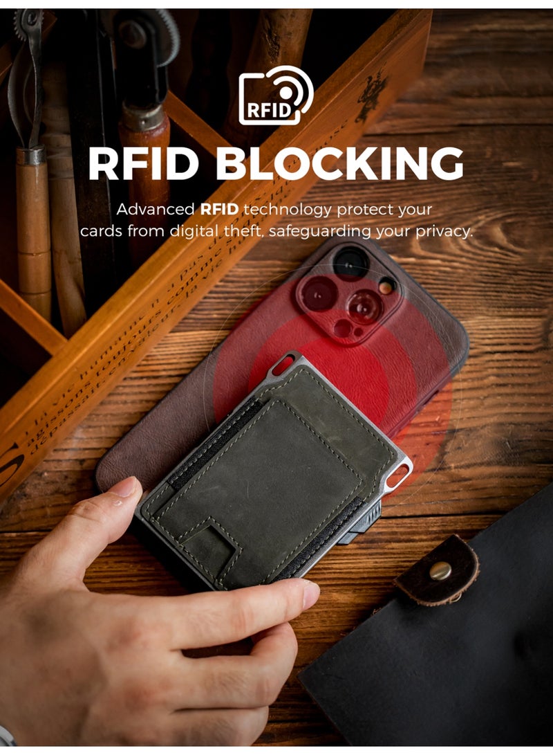 LORZOR RFID Blocking Slim Tactical Front Pocket Wallet for Men Full Grain Leather Aerospace Aluminum Smart Pop Up Card Case Money Clip 8-12 Card Slots - Image 2