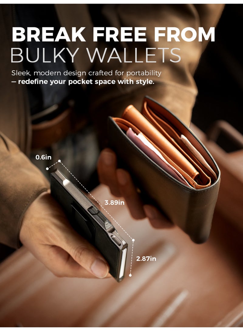 LORZOR RFID Blocking Slim Tactical Front Pocket Wallet for Men Full Grain Leather Aerospace Aluminum Smart Pop Up Card Case Money Clip 8-12 Card Slots - Image 4