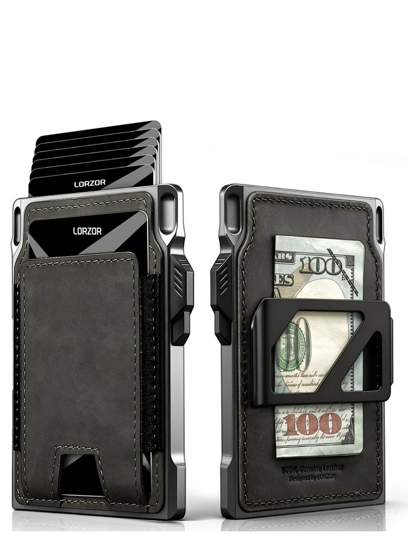 LORZOR RFID Blocking Slim Tactical Front Pocket Wallet for Men Full Grain Leather Aerospace Aluminum Smart Pop Up Card Case Money Clip 8-12 Card Slots - Image 1