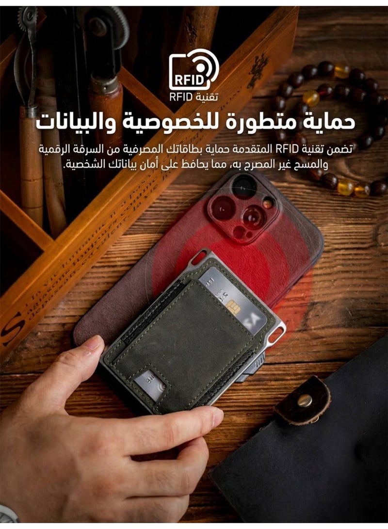 LORZOR محفظة لورزور التكتيكية الرفيعة لحجب RFID للرجال من جلد كامل الحبة وألمنيوم فضائي مع علبة بطاقات ذكية قابلة للفتح وملقط نقود بسعة 8-12 بطاقة - Image 3