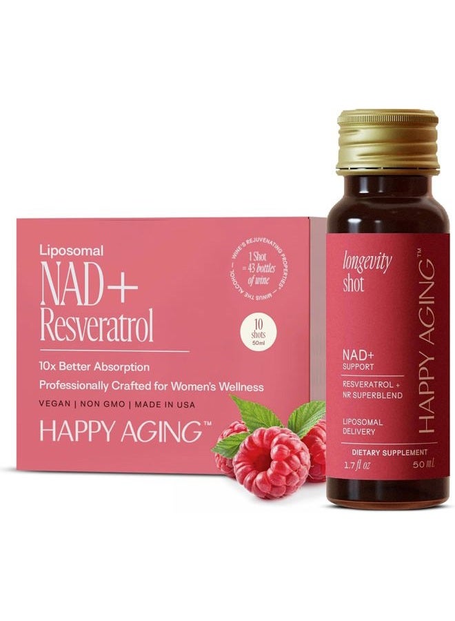 Happy Aging Liposomal Liquid Shots with NAD+ | Alternative to NMN | Nicotinamide Riboside and Resveratrol | Antioxidant for Energy, Brain Health and Firm Skin | 10x Absorption | Box of 10 Shots of 50ml - Image 1