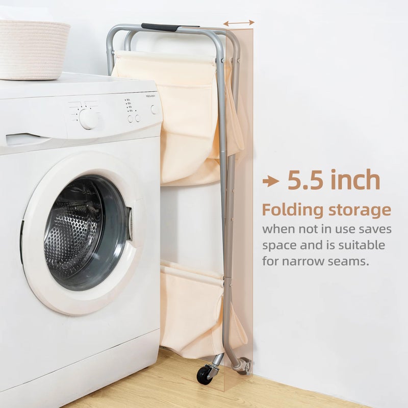 STORAGE MANIAC Collapsible Laundry Cart with Wheels 31.5"H Rolling Laundry Hamper Clothes Basket with Wheels, Canvas Liner Sturdy Steel Frame Folding for Small Narrow Space Easy Storage, Beige - Image 3