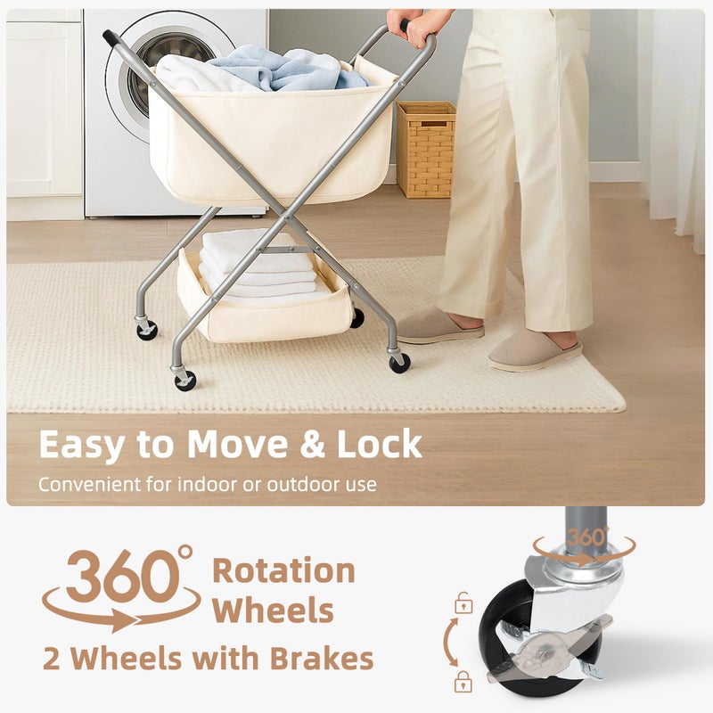 STORAGE MANIAC Collapsible Laundry Cart with Wheels 31.5"H Rolling Laundry Hamper Clothes Basket with Wheels, Canvas Liner Sturdy Steel Frame Folding for Small Narrow Space Easy Storage, Beige - Image 5