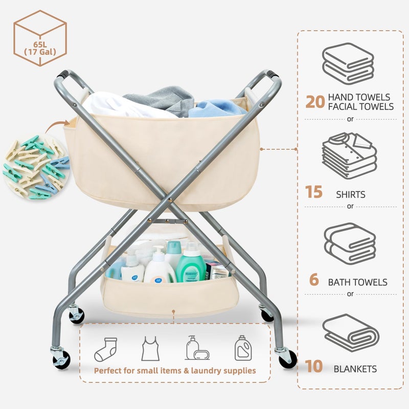 STORAGE MANIAC Collapsible Laundry Cart with Wheels 31.5"H Rolling Laundry Hamper Clothes Basket with Wheels, Canvas Liner Sturdy Steel Frame Folding for Small Narrow Space Easy Storage, Beige - Image 4