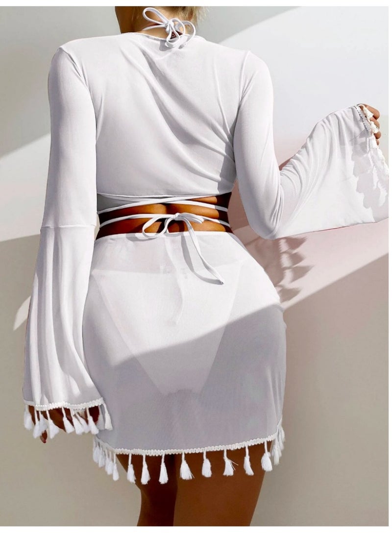 VENTRA Women's 3 Piece Tassel Trim Tie Front Flare Sleeve Sheer Cover Up Bikini Set Cropped Tie Top and Drawstring Ruched Tassel Skirt Lightweight Soft Breathable Beach Bikini Vacation Outfit - Image 2