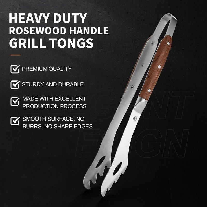 · GRILLGEN · Heavy Duty Rosewood Handle BBQ Grill Tongs, 16.73" Long Premium BBQ Grill Tongs for Outdoor Grilling, Essential Accessory for Barbecue & Grill, Best Grilling Gift - Image 2