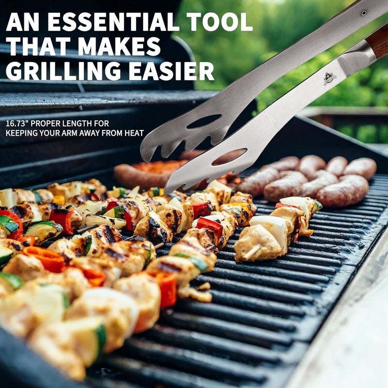 · GRILLGEN · Heavy Duty Rosewood Handle BBQ Grill Tongs, 16.73" Long Premium BBQ Grill Tongs for Outdoor Grilling, Essential Accessory for Barbecue & Grill, Best Grilling Gift - Image 5