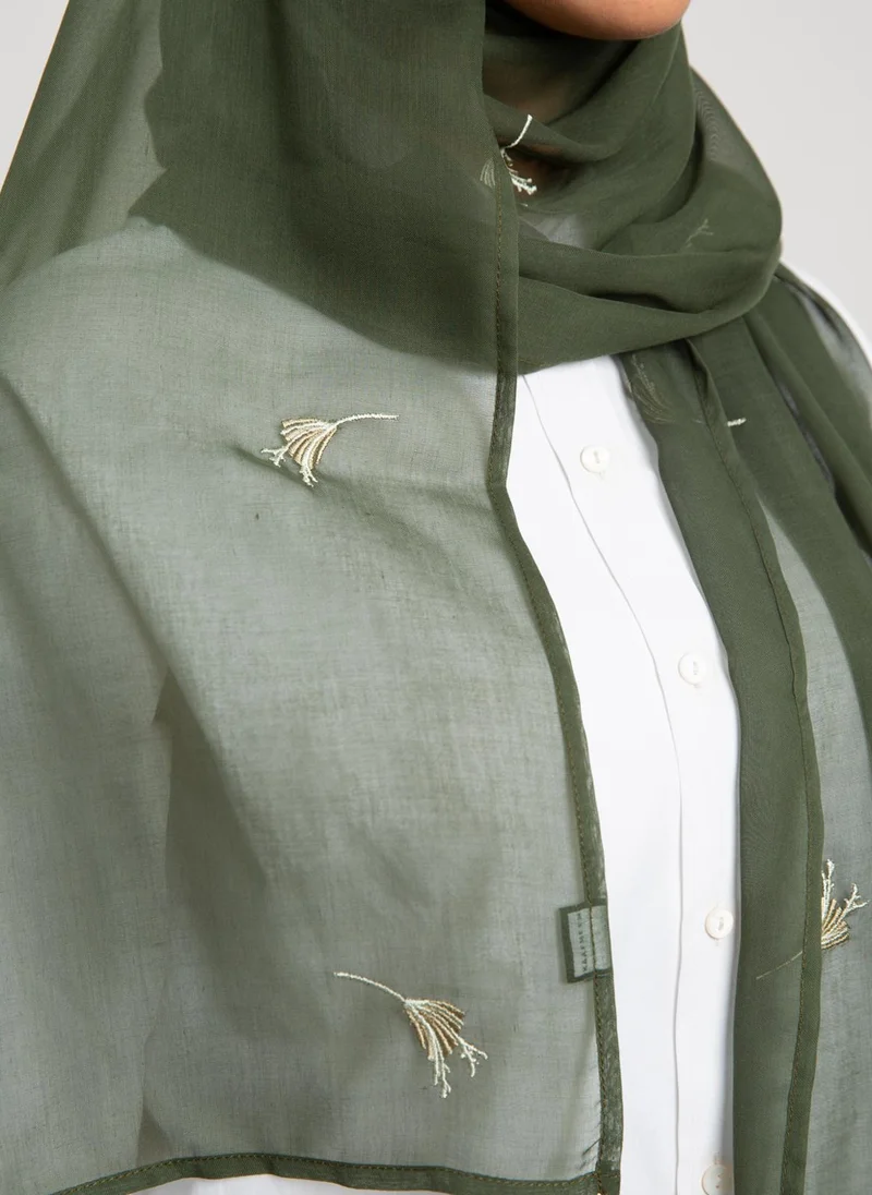 Kaafmeem Olive Powder Flower Single Voile Tarha