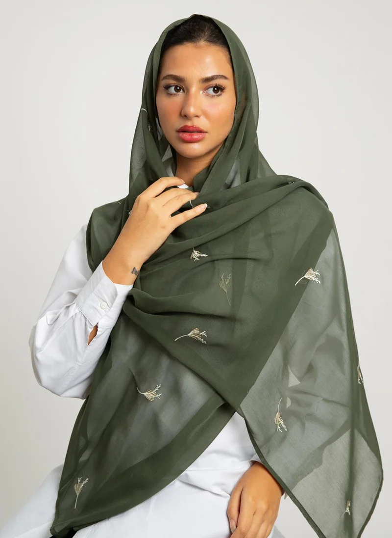 Kaafmeem Olive Powder Flower Single Voile Tarha