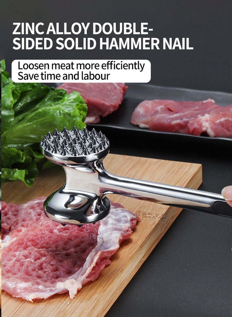 بيروي مطرق لحوم معدني شديد التحمل، مطرقة مطرقة من الفولاذ المقاوم للصدأ، مطرقة لحوم شديدة التحمل مزدوجة الجوانب مصممة لدق وتطرية شرائح اللحم والدجاج ولحم العجل والدواجن والشوايات بالإضافة إلى مناسبات التخييمأدوات طهي المطبخمناسبة للمطبخ - Image 2