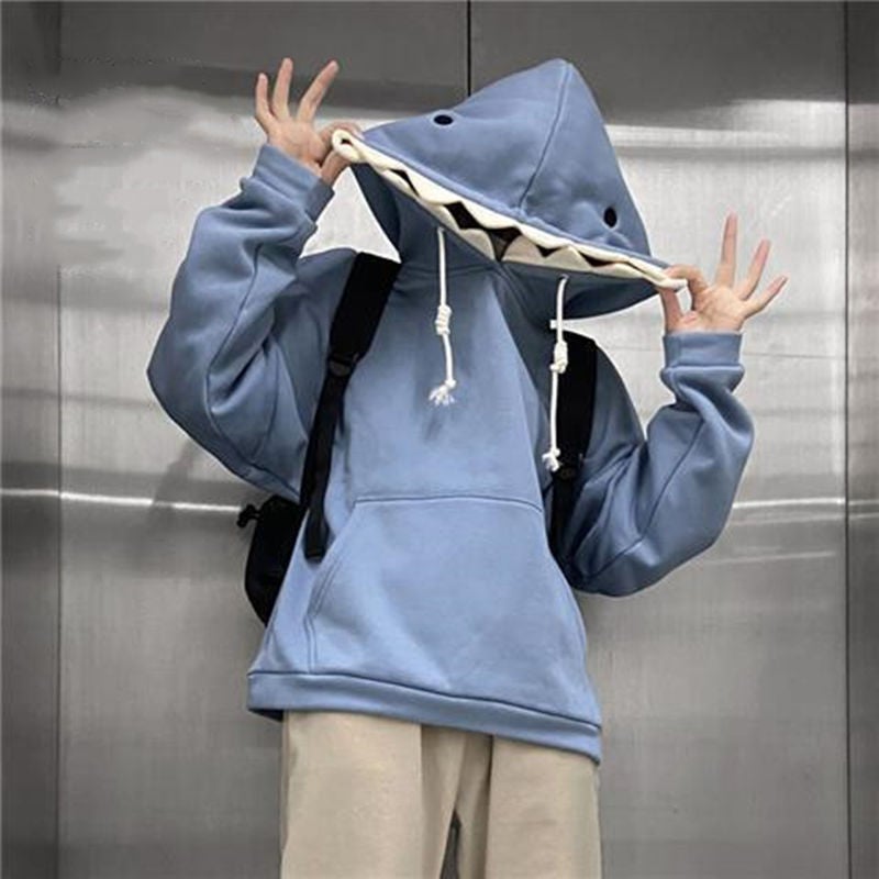 Shark Hat Sweatshirt 2021 Autumn and Winter New Mens and Womens Couple Velvet Loose Student Funny Design Sense Top Coat Black - Image 5