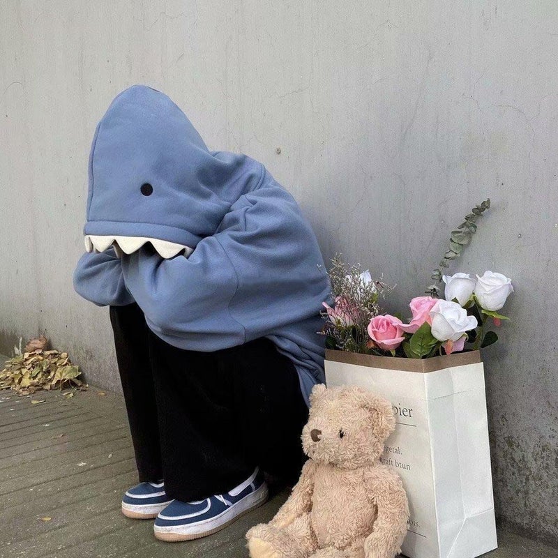 Shark Hat Sweatshirt 2021 Autumn and Winter New Mens and Womens Couple Velvet Loose Student Funny Design Sense Top Coat Black - Image 4