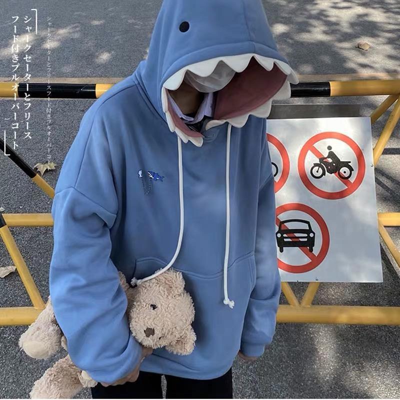 Shark Hat Sweatshirt 2021 Autumn and Winter New Mens and Womens Couple Velvet Loose Student Funny Design Sense Top Coat Black - Image 2