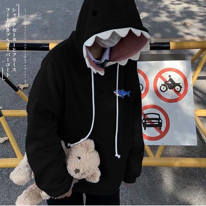 Shark Hat Sweatshirt 2021 Autumn and Winter New Mens and Womens Couple Velvet Loose Student Funny Design Sense Top Coat Black - Image 3