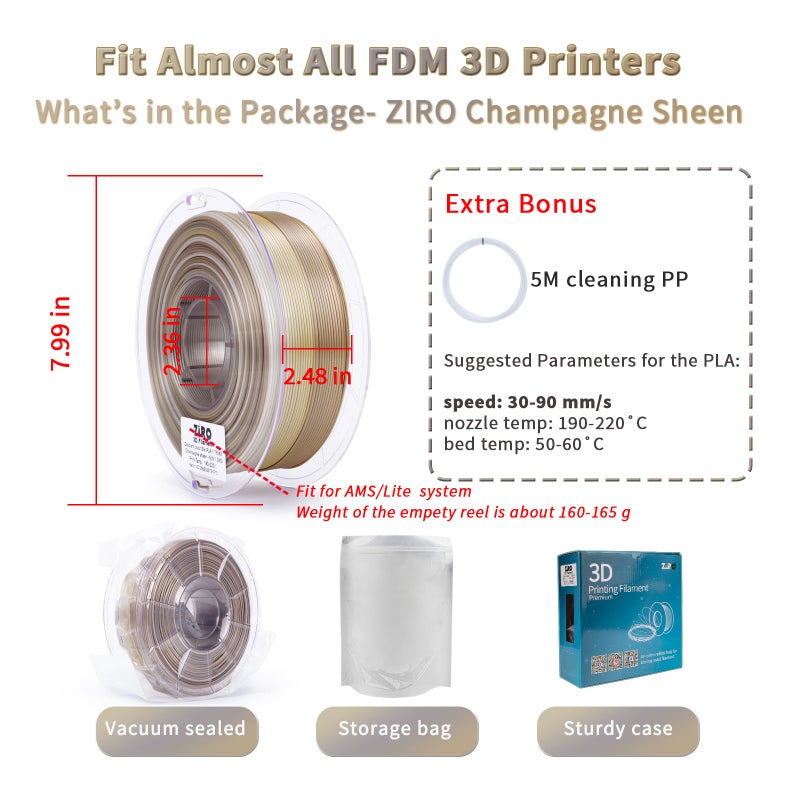 ZIRO 3D Printer Filament, Fast Color Gradient Shiny PLA, Glossy Color Change by Length PLA, Fit Most FDM Printers, Dimensional Accuracy +/-0.03mm, 2.2lbs Spool, Champagne Sheen (Silk) - Image 5