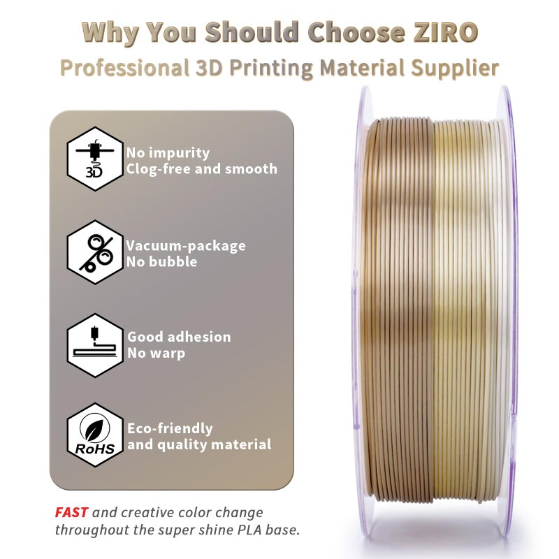 ZIRO 3D Printer Filament, Fast Color Gradient Shiny PLA, Glossy Color Change by Length PLA, Fit Most FDM Printers, Dimensional Accuracy +/-0.03mm, 2.2lbs Spool, Champagne Sheen (Silk) - Image 3