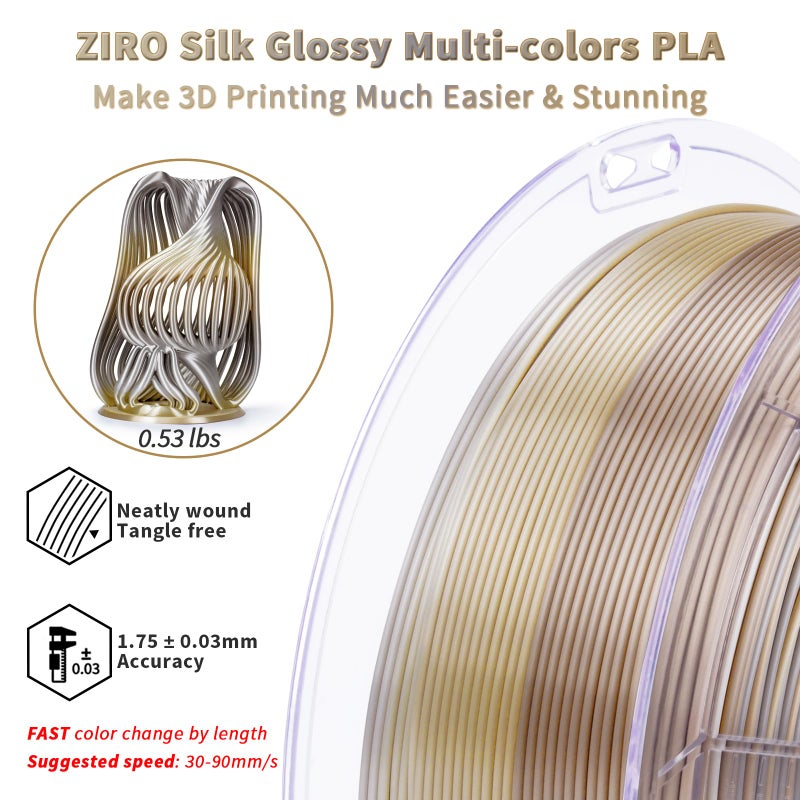 ZIRO 3D Printer Filament, Fast Color Gradient Shiny PLA, Glossy Color Change by Length PLA, Fit Most FDM Printers, Dimensional Accuracy +/-0.03mm, 2.2lbs Spool, Champagne Sheen (Silk) - Image 4