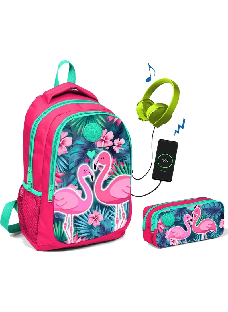 Yaygan Coral High Pink Green Flamingos Printed School Bag Set for Girls