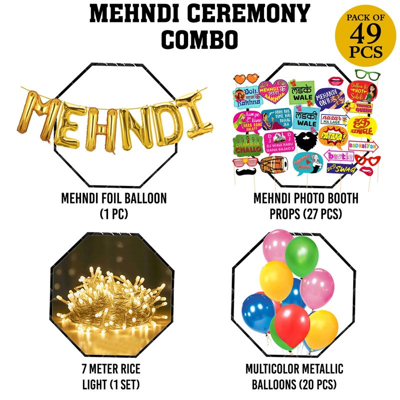Zyozique ® Mehndi Decorations Set for Wedding | Mehndi Props for Bride and Family | Mehndi Combo Set - Mehndi Foil Balloons, Photo Booth Props, Balloons & Rice Light (Pack Of 49) - Image 2