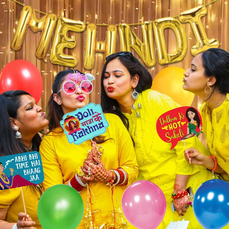 Zyozique ® Mehndi Decorations Set for Wedding | Mehndi Props for Bride and Family | Mehndi Combo Set - Mehndi Foil Balloons, Photo Booth Props, Balloons & Rice Light (Pack Of 49) - Image 5