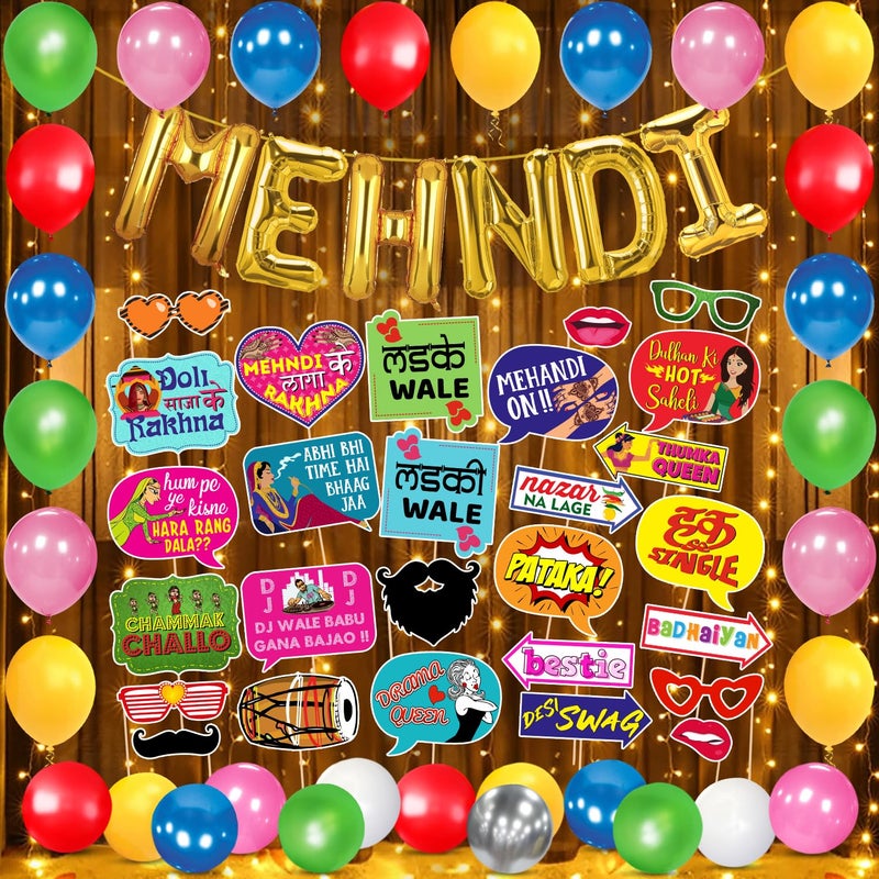 Zyozique ® Mehndi Decorations Set for Wedding | Mehndi Props for Bride and Family | Mehndi Combo Set - Mehndi Foil Balloons, Photo Booth Props, Balloons & Rice Light (Pack Of 49) - Image 1