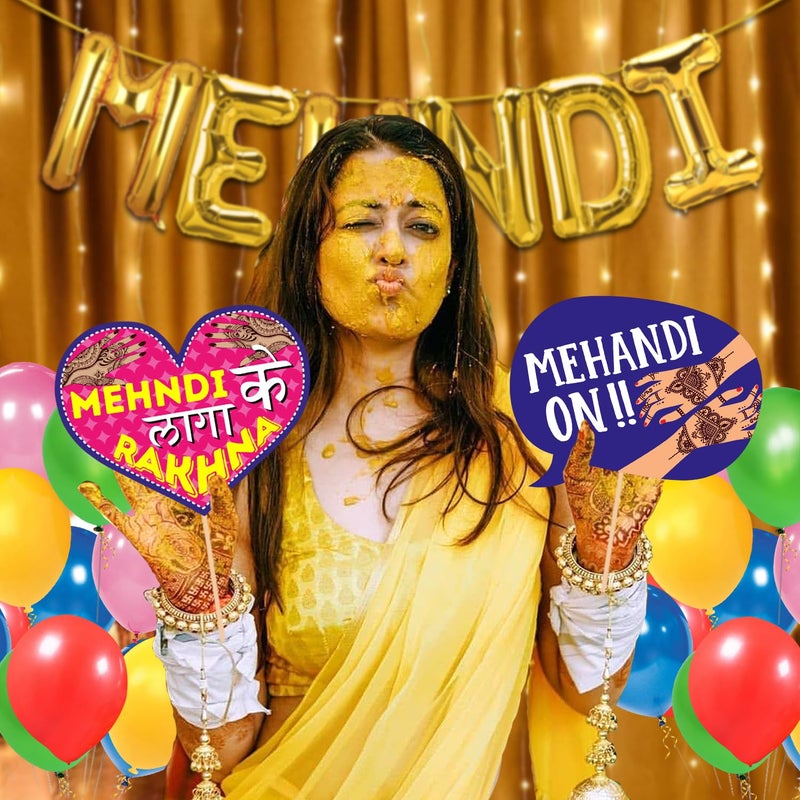 Zyozique ® Mehndi Decorations Set for Wedding | Mehndi Props for Bride and Family | Mehndi Combo Set - Mehndi Foil Balloons, Photo Booth Props, Balloons & Rice Light (Pack Of 49) - Image 4