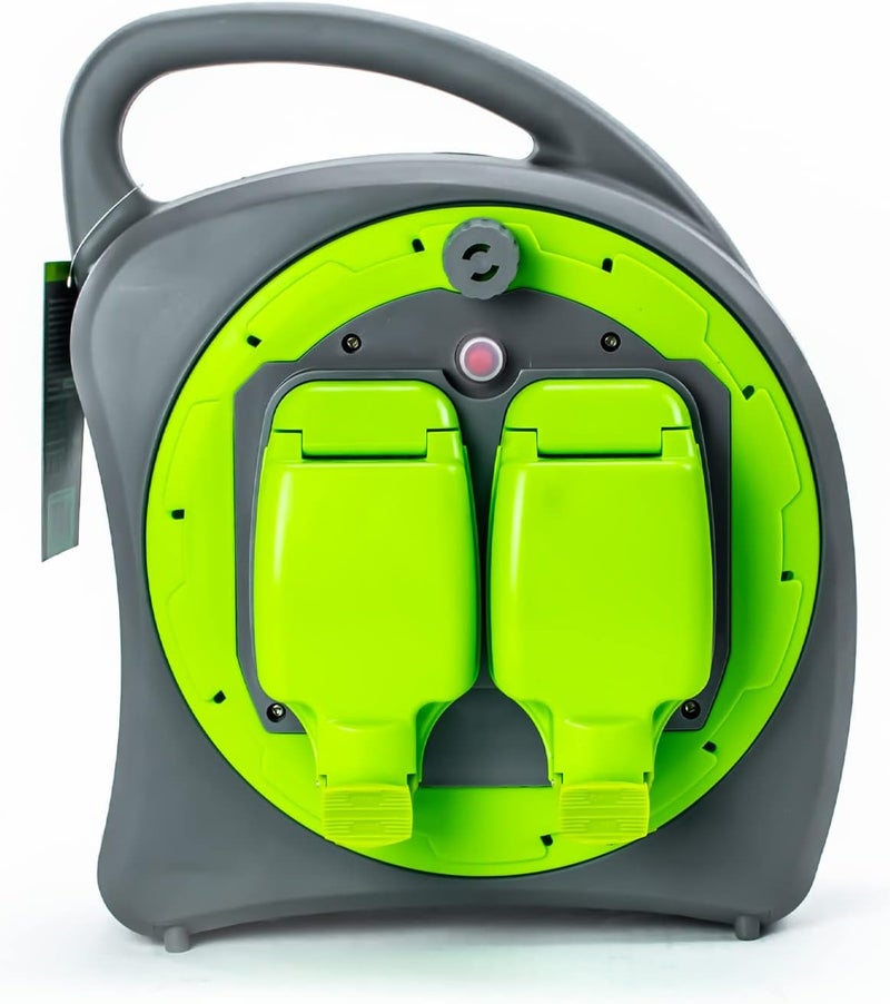 STATUS 2 Socket Cable Reel, 20m, Green, Heavy Duty Outdoor Extension Lead, 13 Amp, Thermal Cut Out, Waterproof, IP54 Rated, Ideal for Garden, Workshop, DIY Use (S20M2G13AIP54CR2) - Image 1
