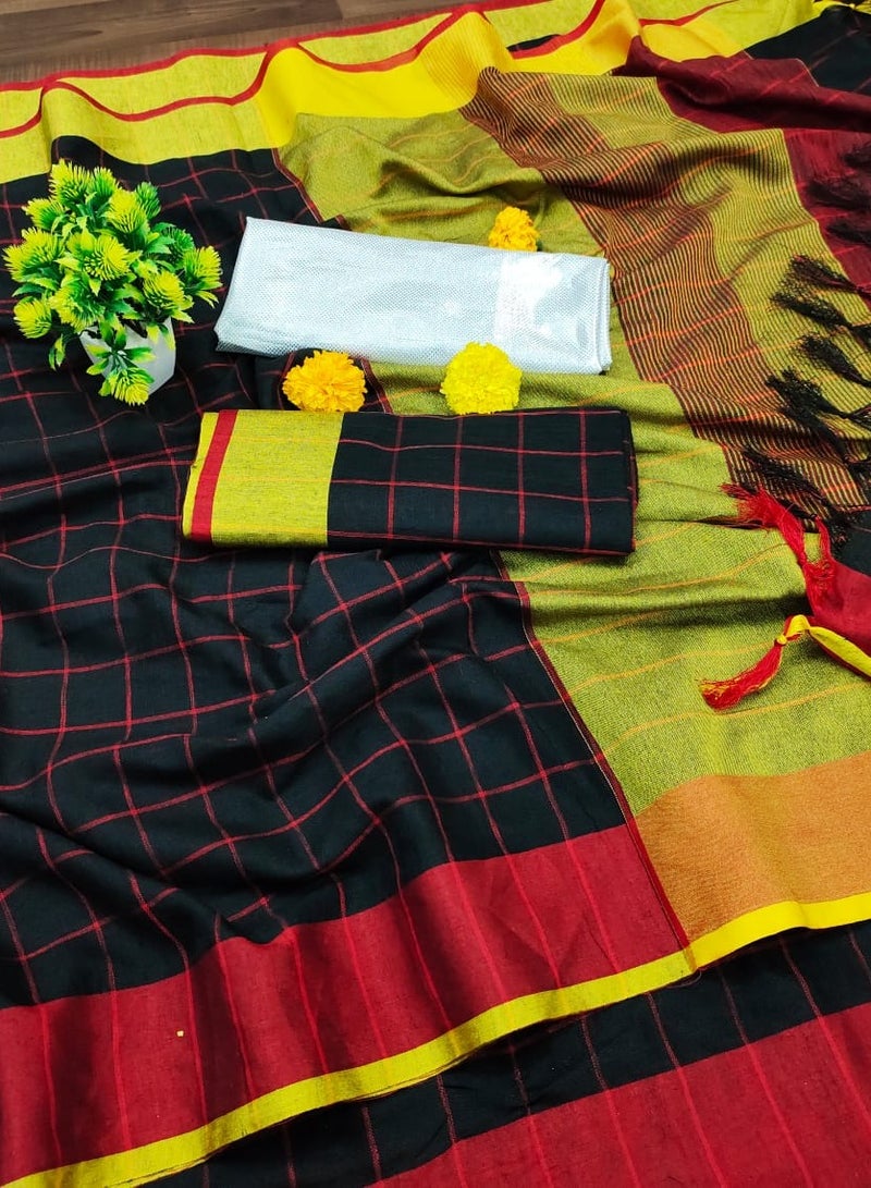 Grab Mantra Linen Cotton Black Saree With Red Colour Chex And Border With Unstitched Blouse  - Image 1
