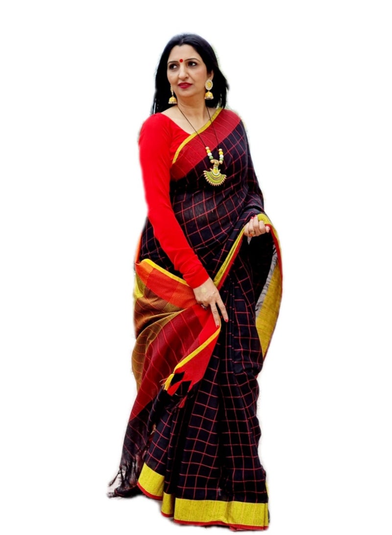 Grab Mantra Linen Cotton Black Saree With Red Colour Chex And Border With Unstitched Blouse  - Image 2