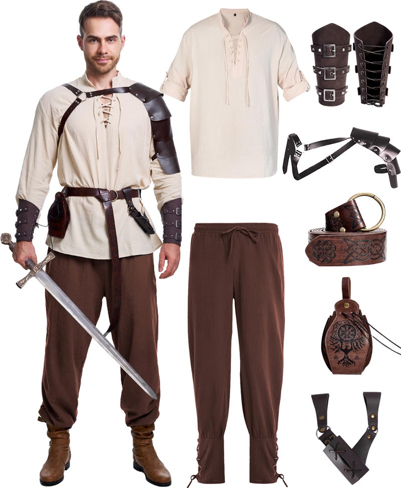 Vanderdyken 8 Pcs Men'S Renaissance Costume Halloween Medieval Pirate Shirt Pant Viking Costume Accessories Set (Vintage Color  Large) - Image 1