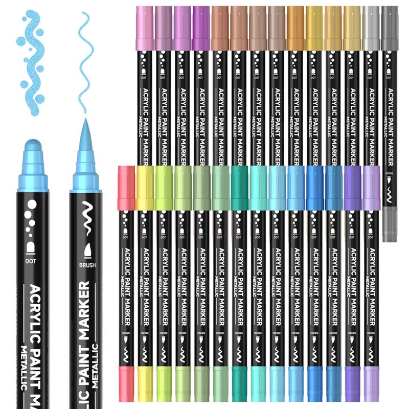 Shuttle Art 28 Metallic Colors Dual Tip Acrylic Paint Markers, Brush Tip and Dot Tip Acrylic Paint Pens for Rock Painting, Ceramic, Wood, Canvas, Plastic, Glass, Stone, Calligraphy, Card Making, DIY Crafts - Image 1