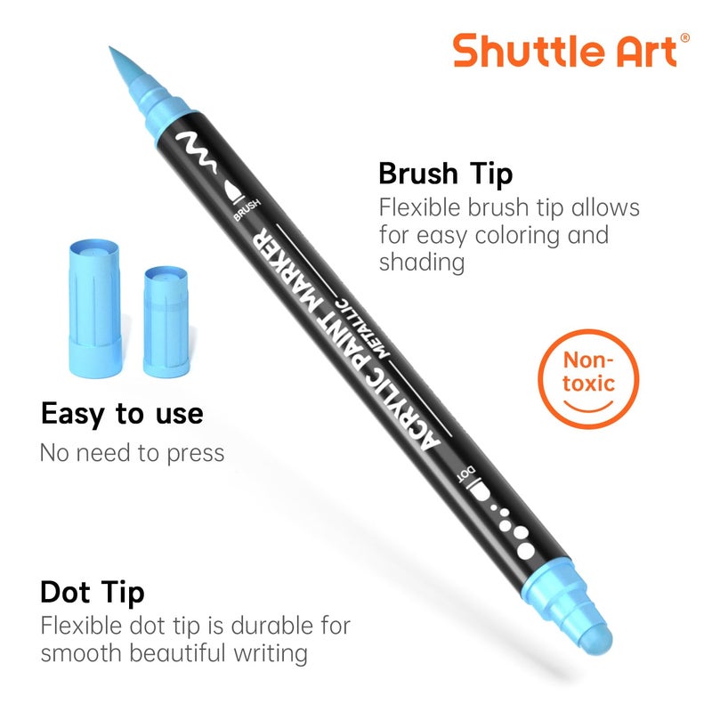 Shuttle Art 28 Metallic Colors Dual Tip Acrylic Paint Markers, Brush Tip and Dot Tip Acrylic Paint Pens for Rock Painting, Ceramic, Wood, Canvas, Plastic, Glass, Stone, Calligraphy, Card Making, DIY Crafts - Image 3
