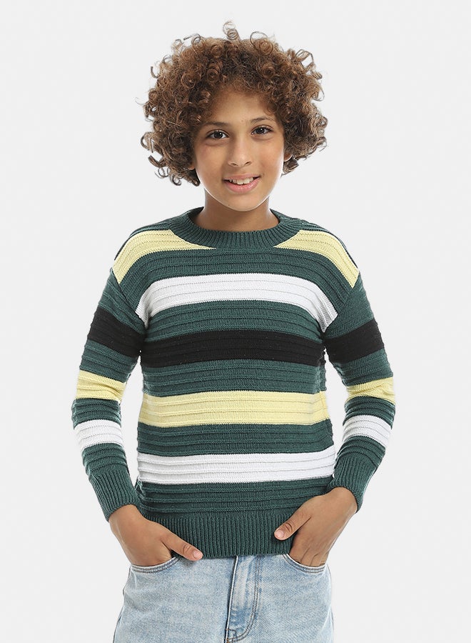 Andora Multicolored Stripped Round Collar Basic Pullover-Olive - Image 1