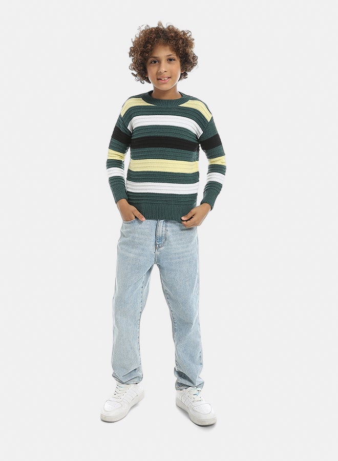 Andora Multicolored Stripped Round Collar Basic Pullover-Olive - Image 5