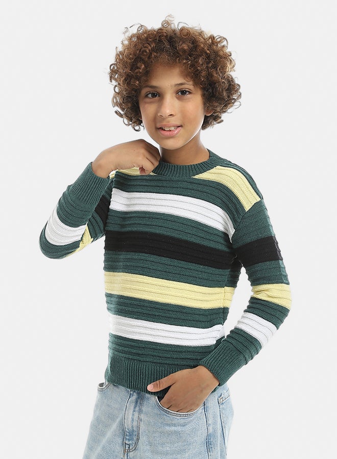 Andora Multicolored Stripped Round Collar Basic Pullover-Olive - Image 2