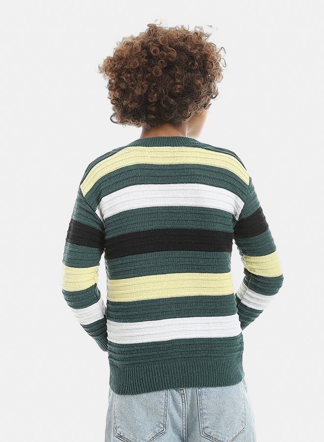 Andora Multicolored Stripped Round Collar Basic Pullover-Olive - Image 3
