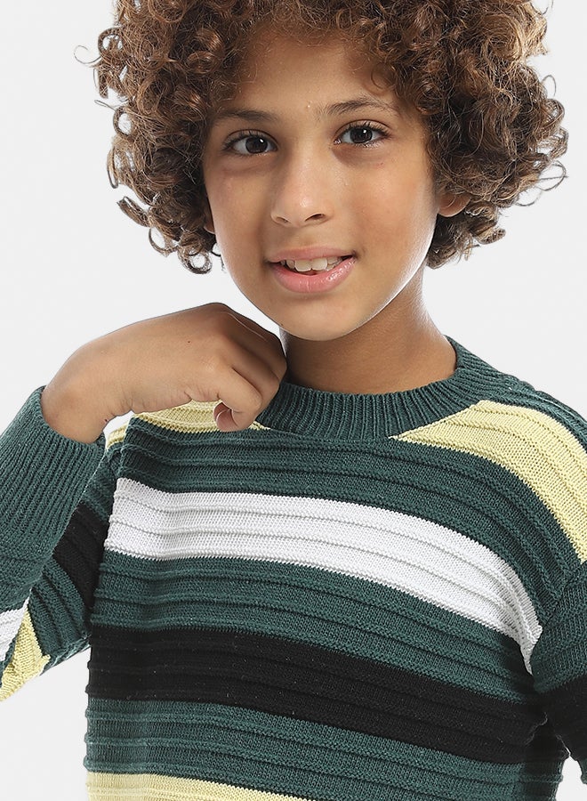 Andora Multicolored Stripped Round Collar Basic Pullover-Olive - Image 4