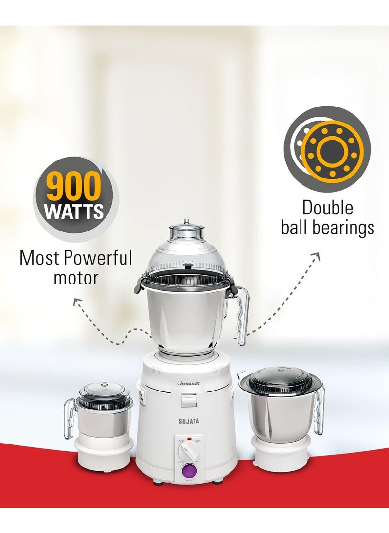 Sujata Dynamix 900 Watts Mixer Grinder | 22000 Rotations Per Min | 90 Minutes Continuous Running | 3 Versatile Jars 1500 ml, 1000 ml and 400 ml