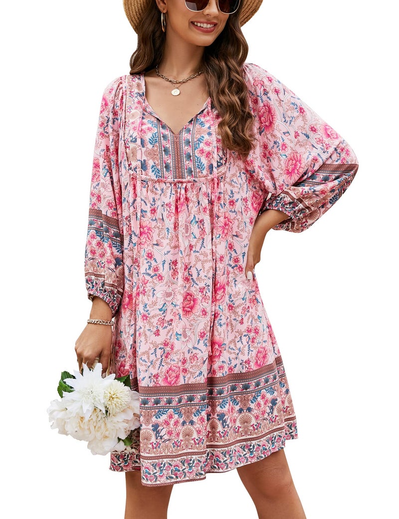Bluetime Women Casual Summer Dress Boho V Neck 3/4 Sleeve Babydoll Floral Print Flowy Beach Dress (L, Pink) - Image 1