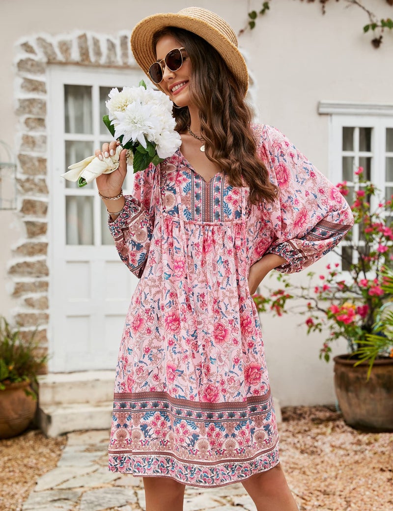 Bluetime Women Casual Summer Dress Boho V Neck 3/4 Sleeve Babydoll Floral Print Flowy Beach Dress (L, Pink) - Image 4