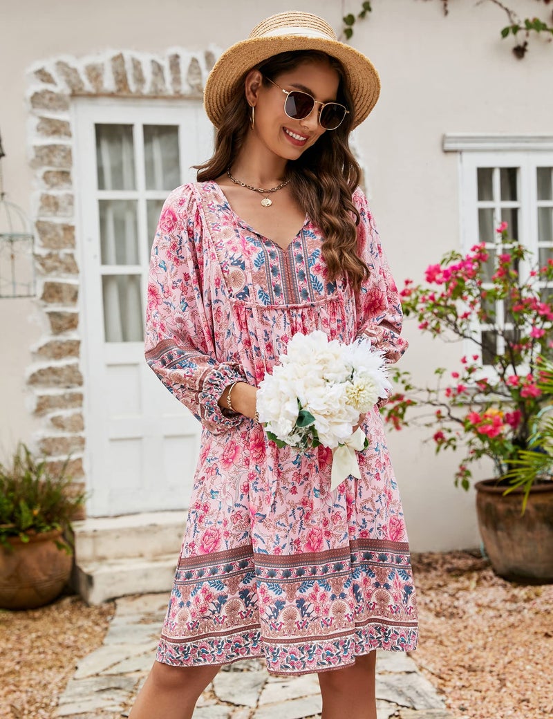 Bluetime Women Casual Summer Dress Boho V Neck 3/4 Sleeve Babydoll Floral Print Flowy Beach Dress (L, Pink) - Image 2