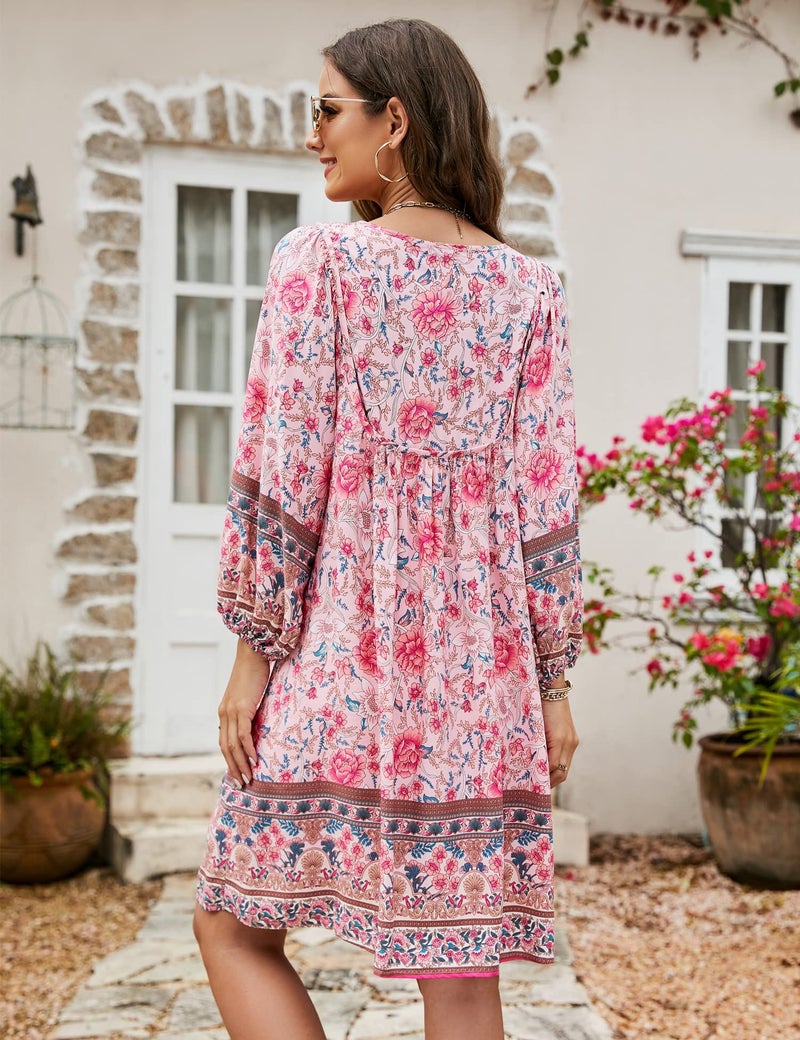 Bluetime Women Casual Summer Dress Boho V Neck 3/4 Sleeve Babydoll Floral Print Flowy Beach Dress (L, Pink) - Image 5