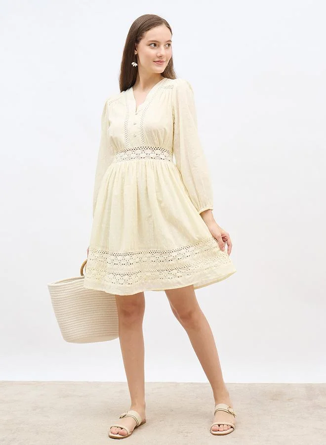 ستايلي Styli Schiffli Detail V-Neck A-Line Mini Dress