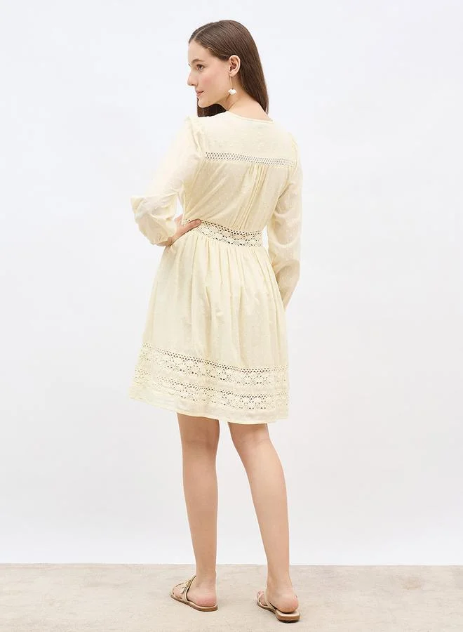 Styli Styli Schiffli Detail V-Neck A-Line Mini Dress
