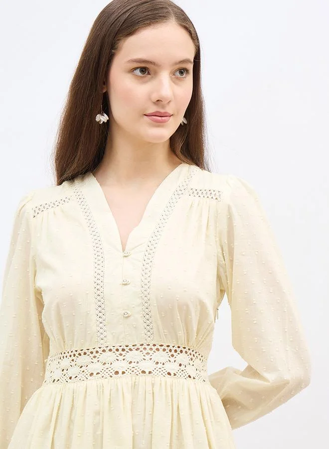 Styli Styli Schiffli Detail V-Neck A-Line Mini Dress