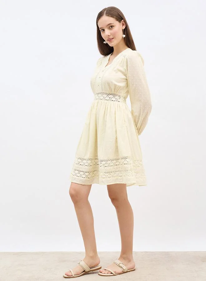 Styli Styli Schiffli Detail V-Neck A-Line Mini Dress