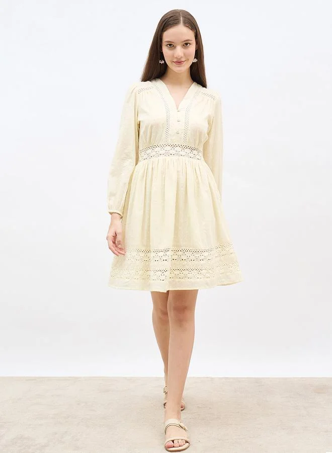 ستايلي Styli Schiffli Detail V-Neck A-Line Mini Dress