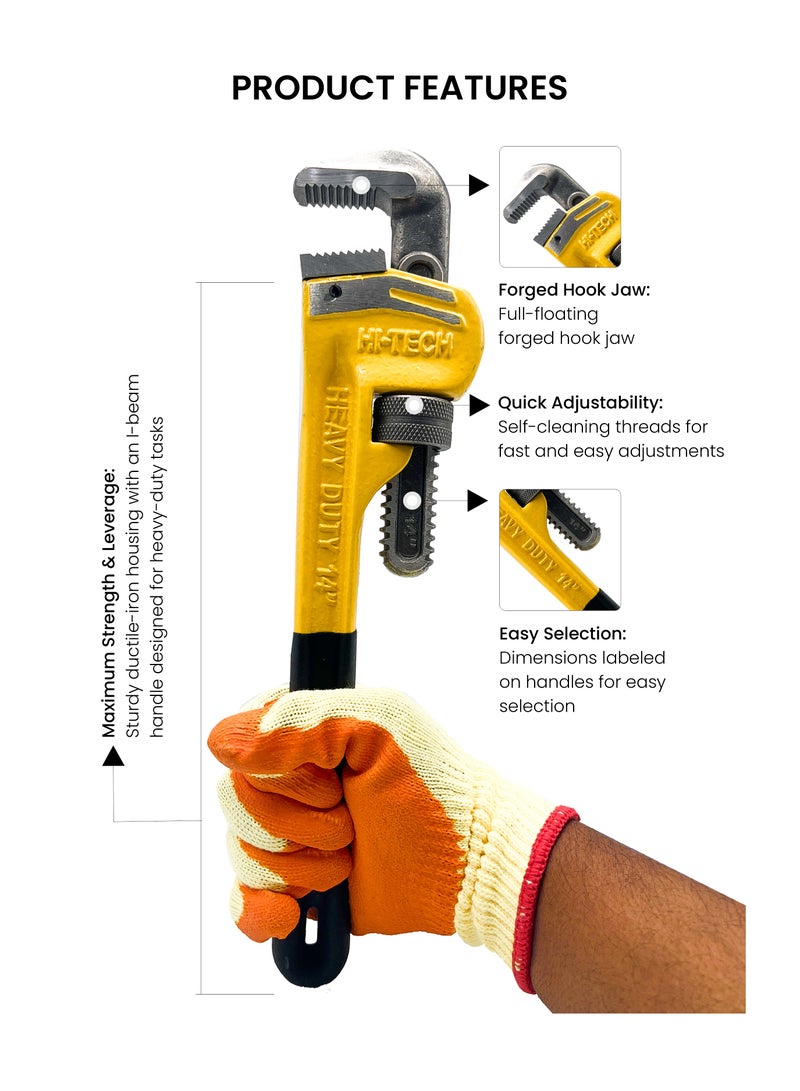 هاي-تيك مجموعة مفاتيح ربط الأنابيب شديدة التحمل 10 بوصة، 12 بوصة، 14 بوصة - مفاتيح ربط الأنابيب الفولاذية القابلة للتعديل للاستخدام في السباكة والغاز والنفط والاستخدام الصناعي - متينة ومضادة للانزلاق - Image 4